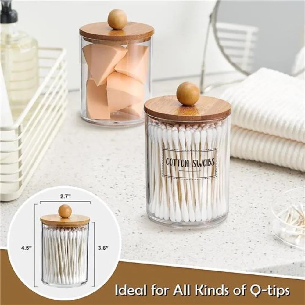 4 Pack Qtip Holder Dispenser with Bamboo Lids 10 oz Clear Plastic Apothecary Jar